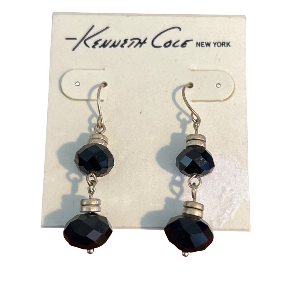 Kenneth Cole New York Black Glass Dangle Earrings Gold Tone Faceted 1.5" New